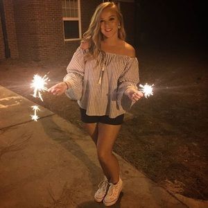 Blue and white striped off the shoulder top